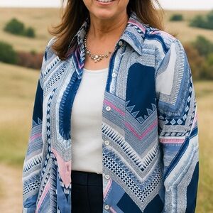 Women's Alfred Dunner Button Down Shirt Plus 14 White Blue Pink Geometric